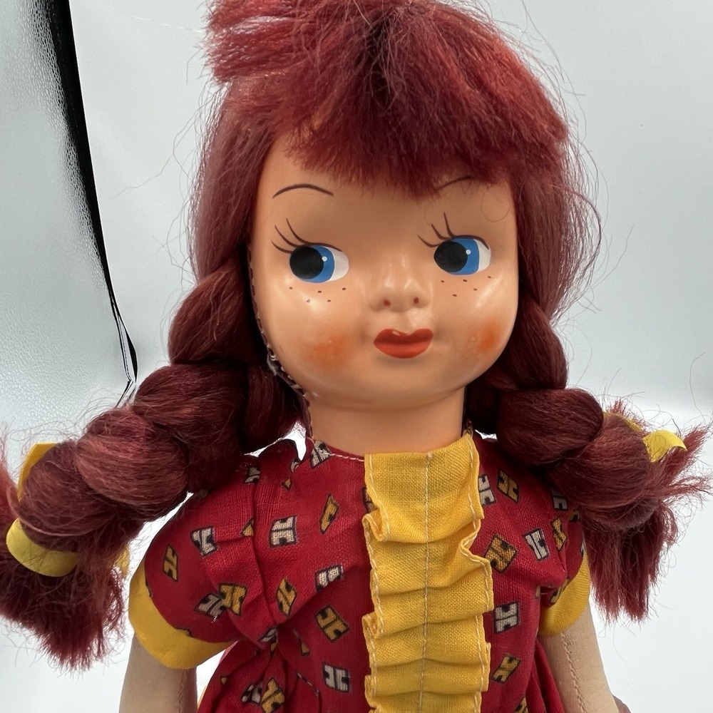 Celluloid Face Doll Vintage Red Hair Blue Eyes‎ Original Outfit Cloth Body 15"